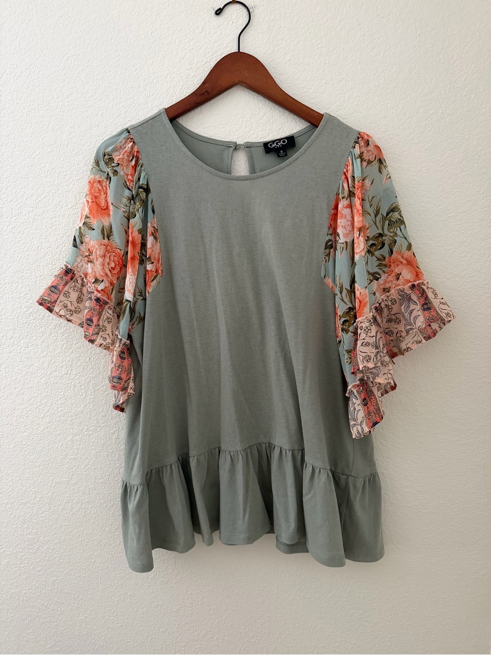 Sage Green Floral Flutter Sleeve Peplum Top